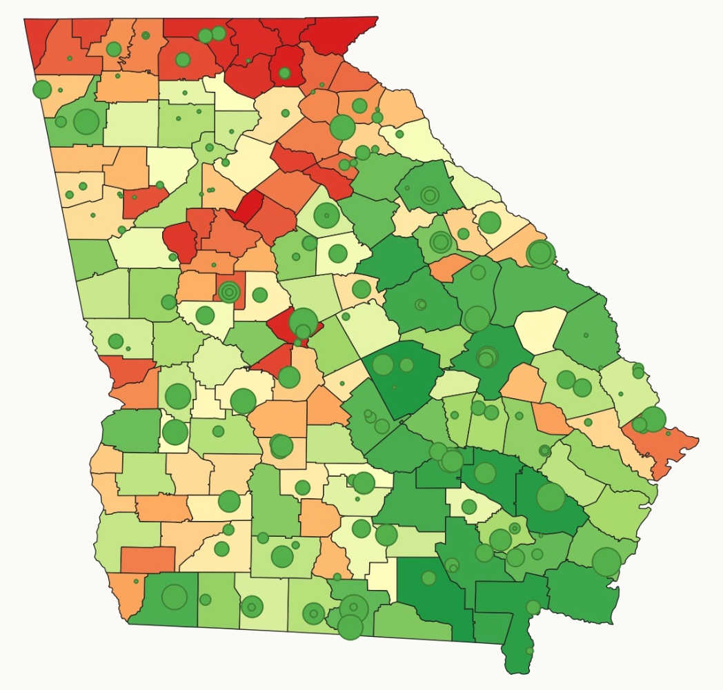 Map of Georgia showing county-level timber demand and active timber-consuming facilities, with facility markers sized by capacity
